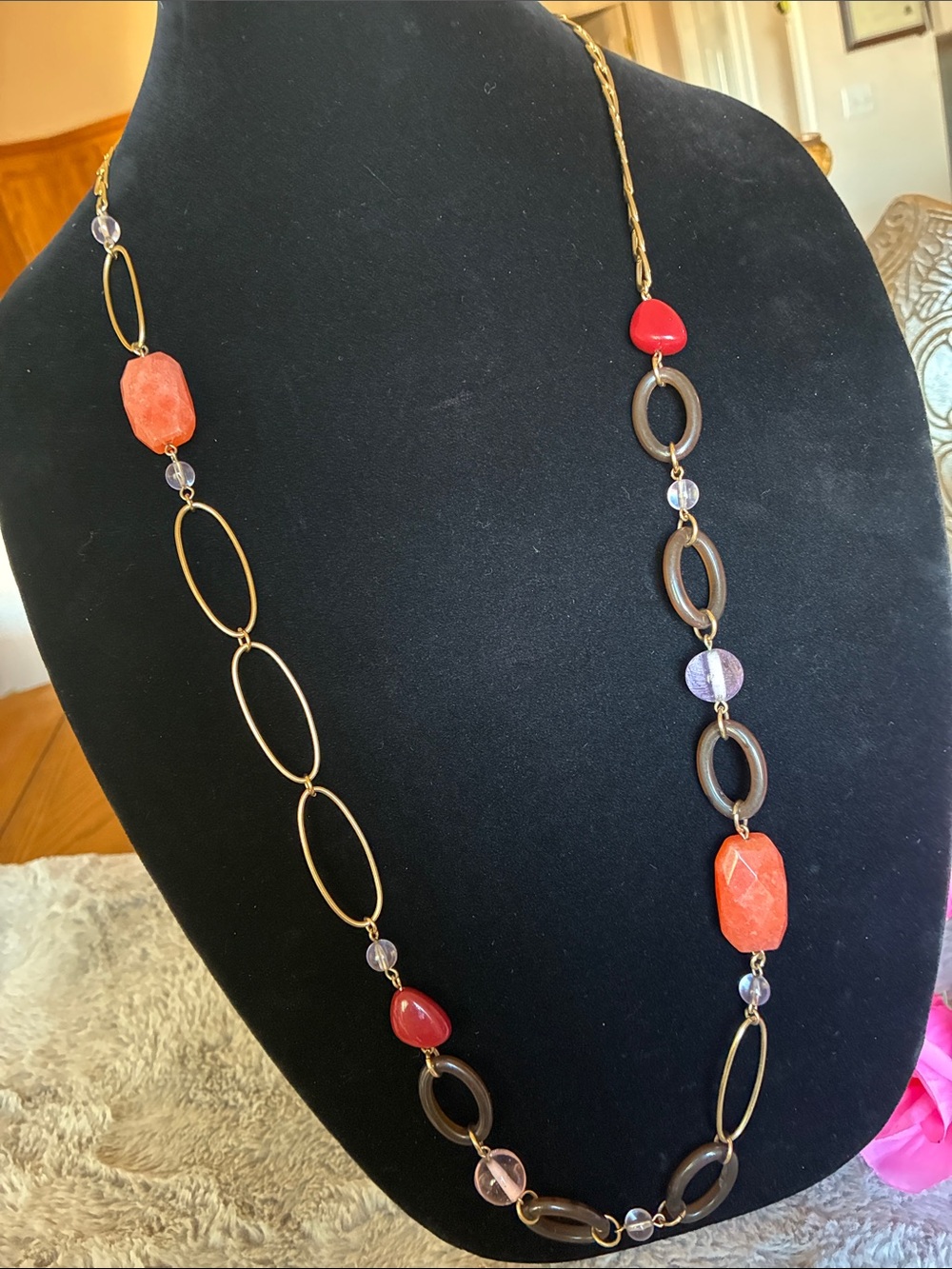 Lia Sophia Coral and Red Beaded Link Necklace
